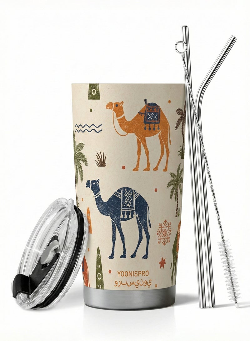 YOONISPRO Travel Coffee Mug 20oz/590ml, 304 Stainless Steel Double-Wall Vacuum Insulated Car Cup with Straw and Brush, Suitable for Iced & Hot Drinks, Light Brown Desert & Camel Design, Ideal Gift - Image 1